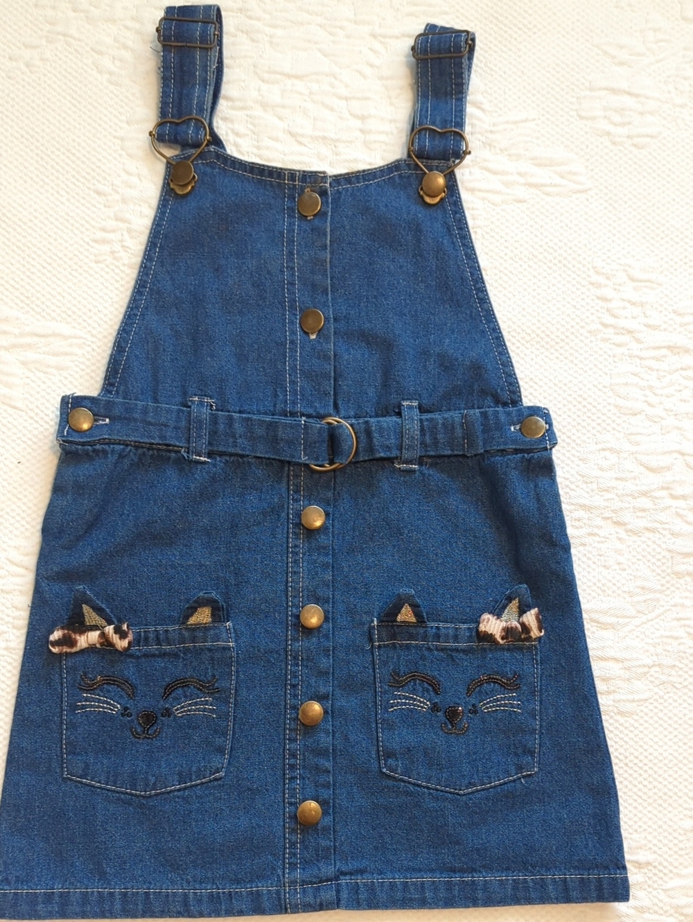 🎀😺 Denim Overall Dress/W Embroidered Cat Pockets /Black L/S Top/ Bow Size 5 - Picture 2 of 11